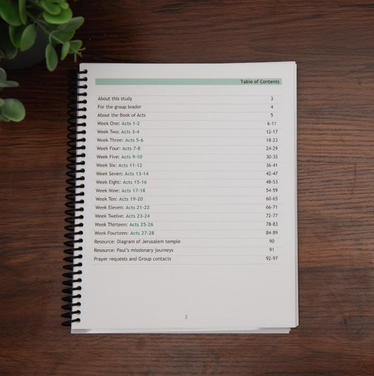 Table of Contents from Tell the Story, Book of Acts workbook; on wood table