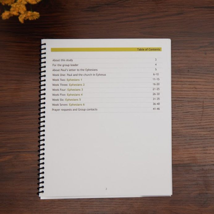 Table of contents: Live Like You Believe, study on Ephesians workbook; on wood table