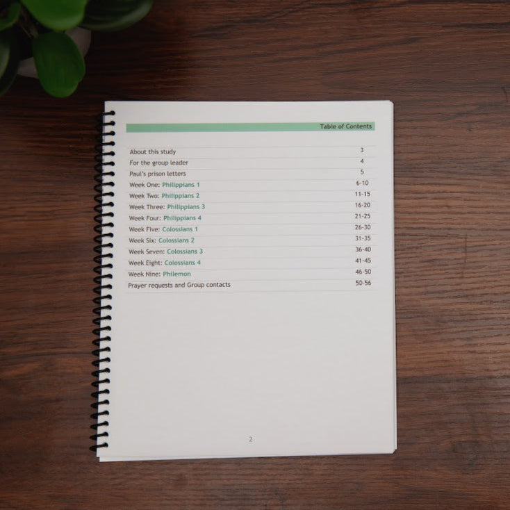 Table of contents: Set Your Mind, study on Philippians, Colossians, Philemon workbook; on wood table