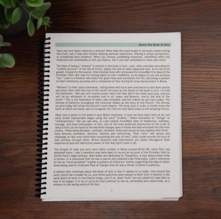 Intro page: About the Book of Acts, from Tell the Story workbook, on wood table