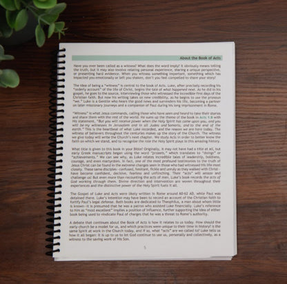 Intro page: About the Book of Acts, from Tell the Story workbook, on wood table