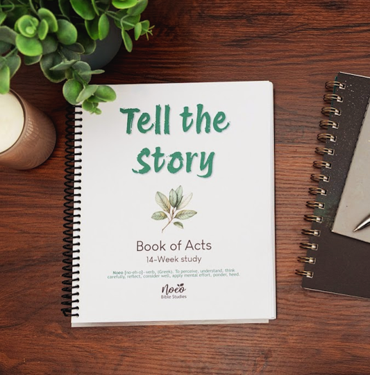Workbook for Tell the Story: Book of Acts, on wood table