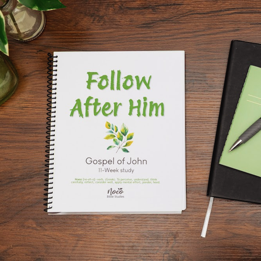 Workbook for Follow After Him, study on Gospel of John; on wood table