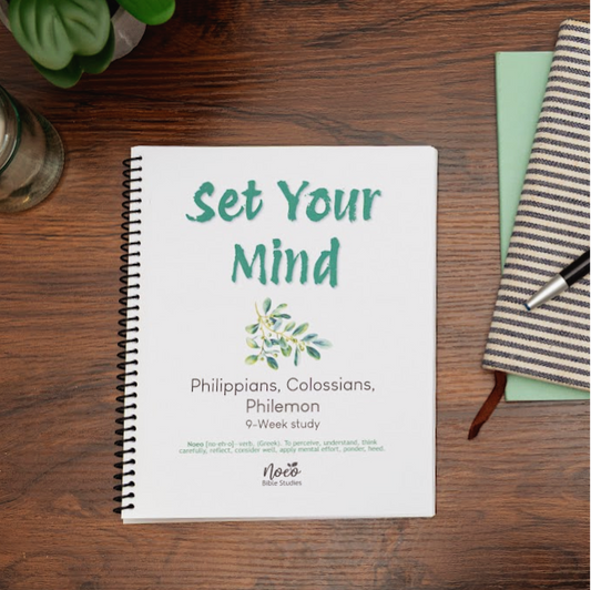 Workbook for Set Your Mind, study on Philippians, Colossians, Philemon; on wood table
